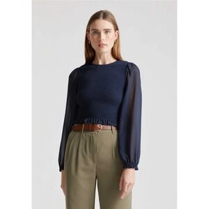 Quince Smocked Sheer Long Sleeve Crop Top Blouse Navy Blue Size M Polyester